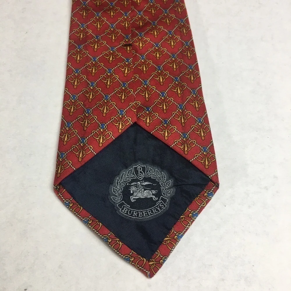 Vintage Burberrys London Horsebit Bridle 100% Silk Designer Tie Burgundy